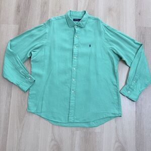 Polo Ralph Lauren Men's 100% Linen Shirt Sz 2XL XXL Button Down Green Blue Pony